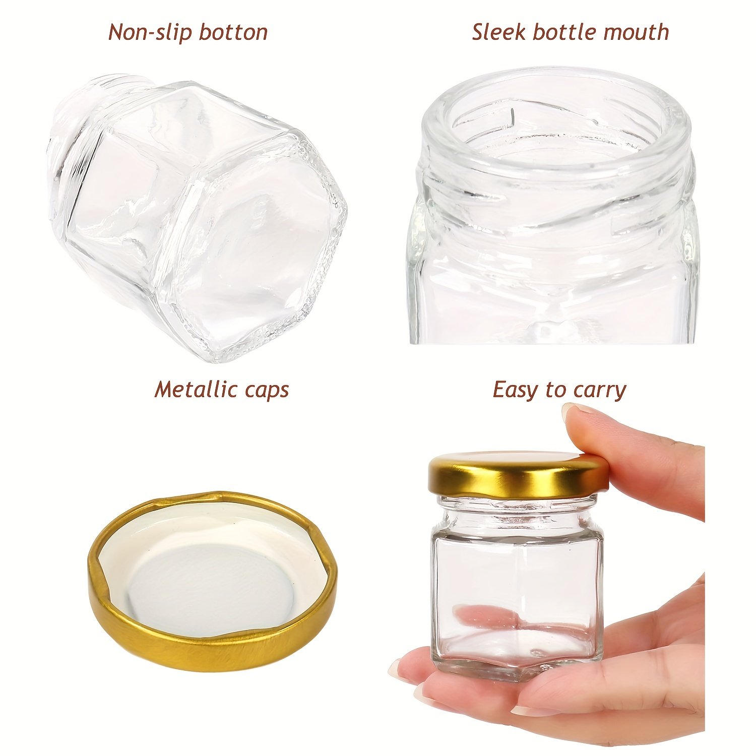 . YOLOWE HOME 30pcs/1.5 oz Hexagonal Mini Glass Honey Jar Wooden Spoon Gold Lid Wedding Party Favor Bee Pendant Storage Bottle