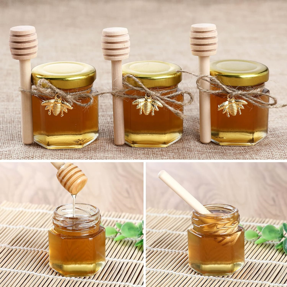 . YOLOWE HOME 30pcs/1.5 oz Hexagonal Mini Glass Honey Jar Wooden Spoon Gold Lid Wedding Party Favor Bee Pendant Storage Bottle