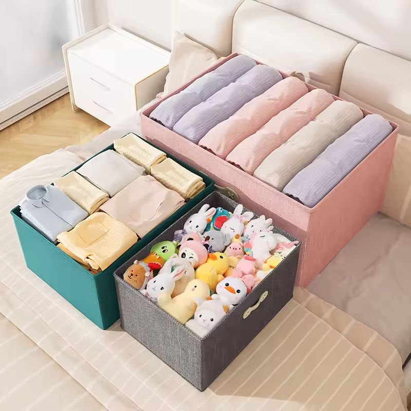 Large Collapsible Toys Boxes Cotton Linen Fabric Foldable Storage Bins Organizer Containers With Leather handle Lid For Bedroom