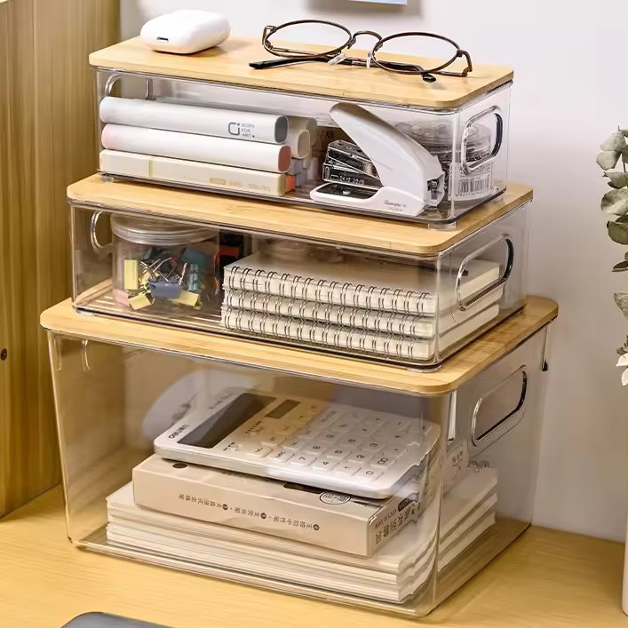 Modern Clear Acrylic Storage Box Bamboo Lid New Multipurpose Sundries Organizer Container Kitchen Household PET Storage Solution