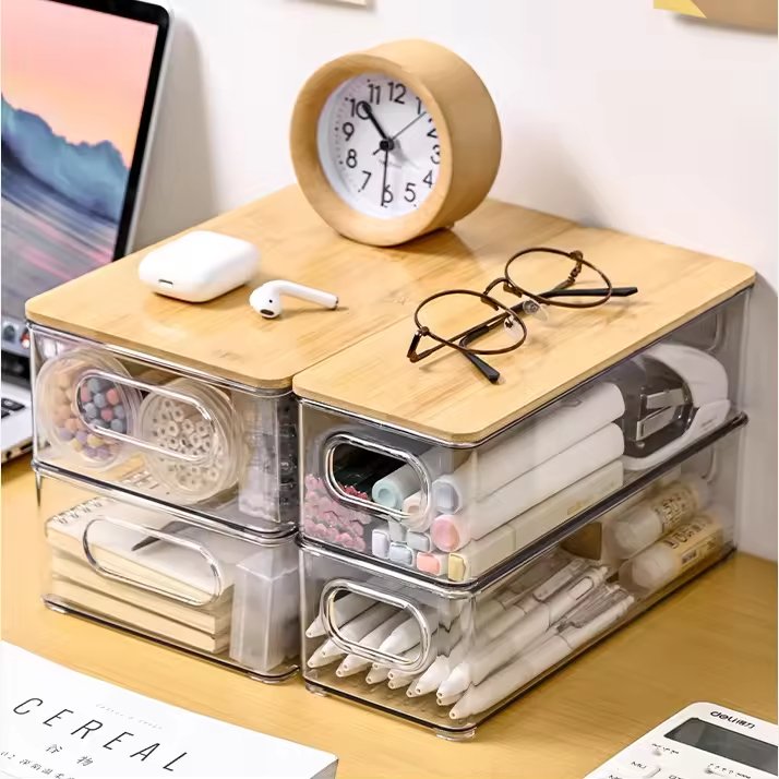 Modern Clear Acrylic Storage Box Bamboo Lid New Multipurpose Sundries Organizer Container Kitchen Household PET Storage Solution