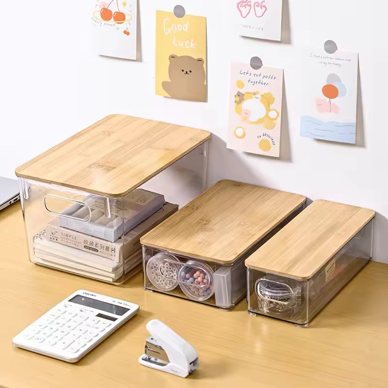 Modern Clear Acrylic Storage Box Bamboo Lid New Multipurpose Sundries Organizer Container Kitchen Household PET Storage Solution