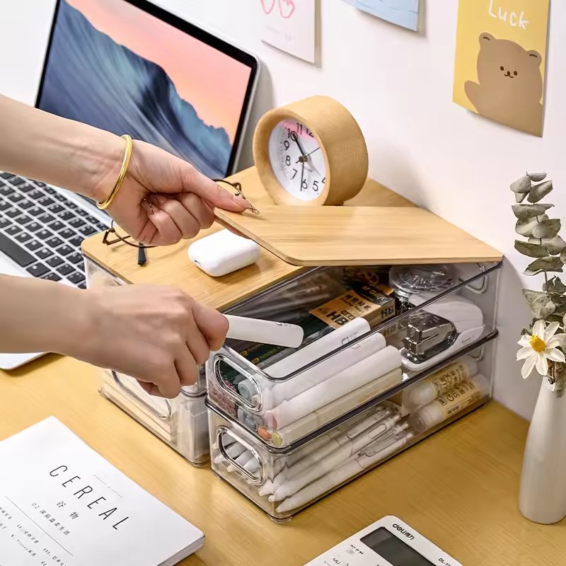 Modern Clear Acrylic Storage Box Bamboo Lid New Multipurpose Sundries Organizer Container Kitchen Household PET Storage Solution