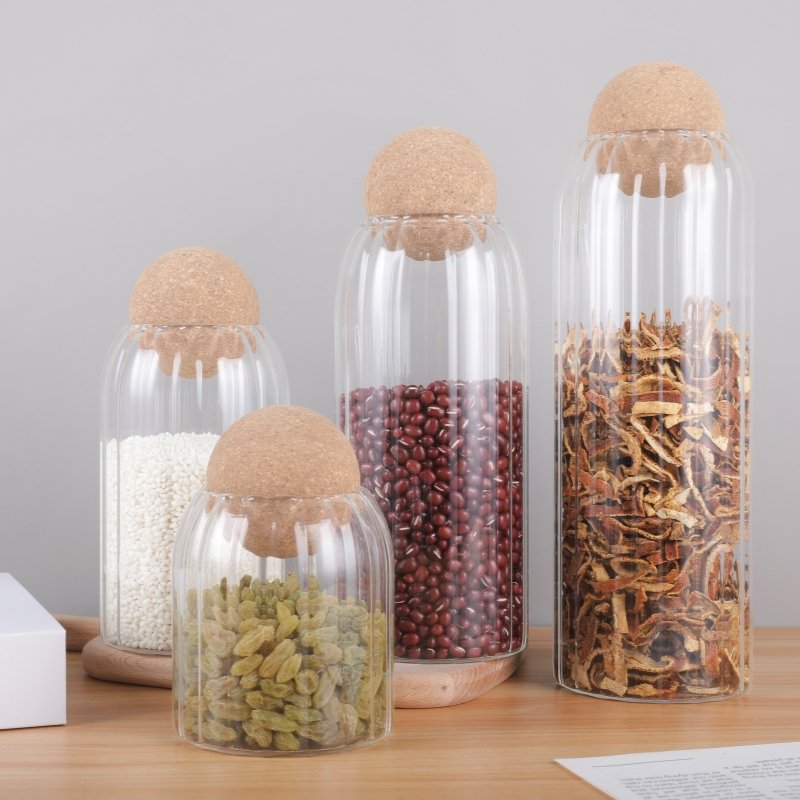 Wholesale and spot glass food storage tanks with wooden stoppers for noodle, coffee, bean, spice, and grain storage