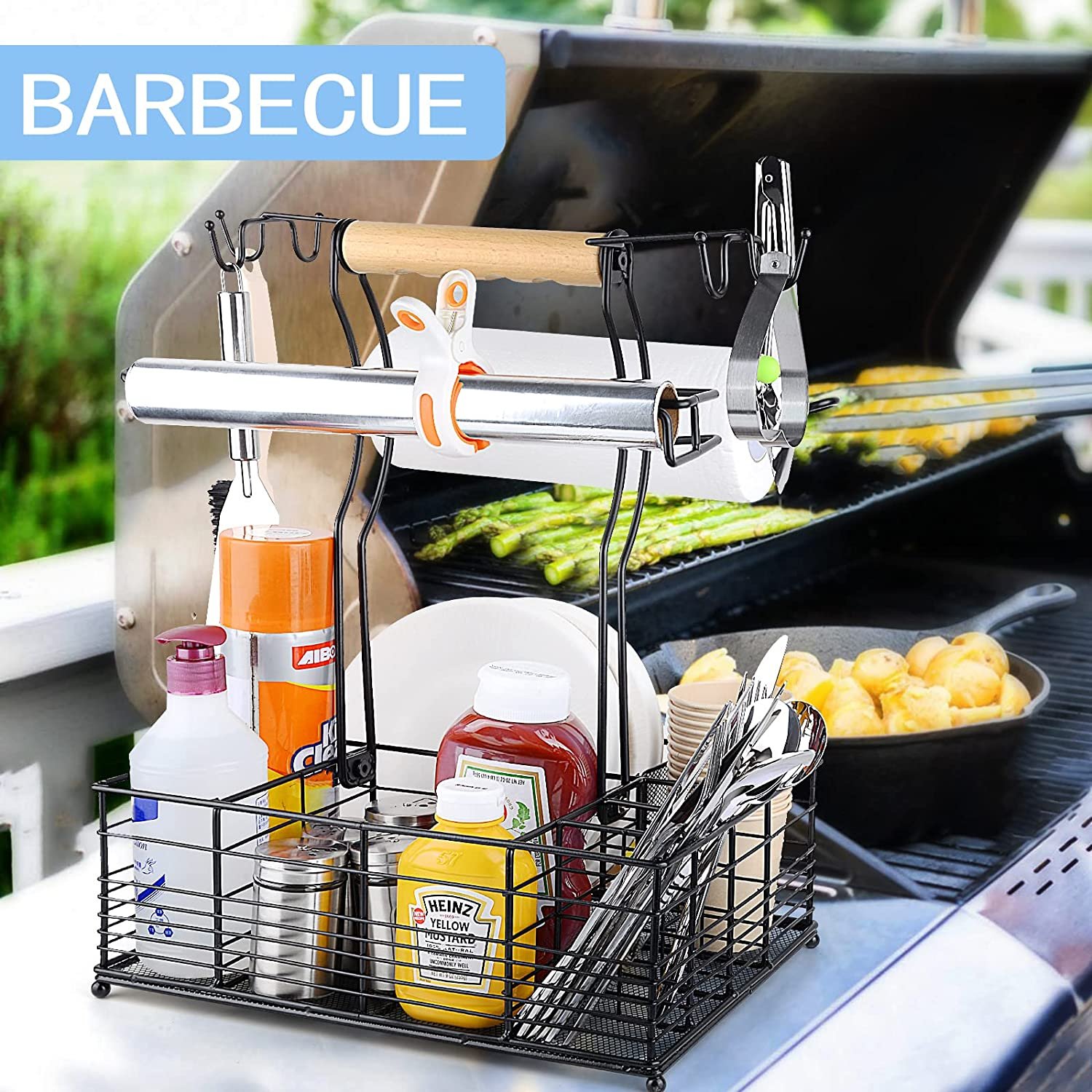 Metal Grill Condiment Cutlery Storage Box with paper towel holder camping picnics decks outdoor cooking utensils barbecue rack