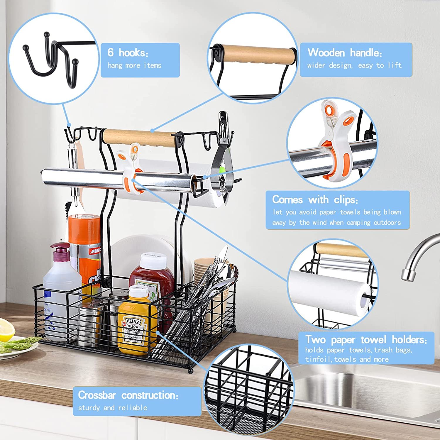 Metal Grill Condiment Cutlery Storage Box with paper towel holder camping picnics decks outdoor cooking utensils barbecue rack