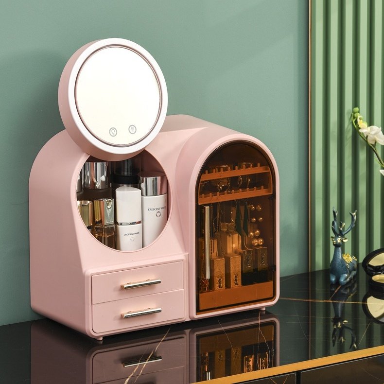 Makeup Dustproof Organizer Case Cosmetic Jewelry Storage Box With Cooler Wind With Drawer With Led Mirror For Bedroom Bathroom