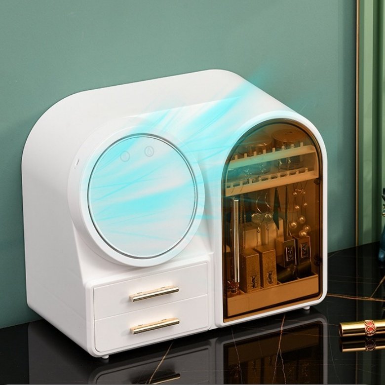 Makeup Dustproof Organizer Case Cosmetic Jewelry Storage Box With Cooler Wind With Drawer With Led Mirror For Bedroom Bathroom