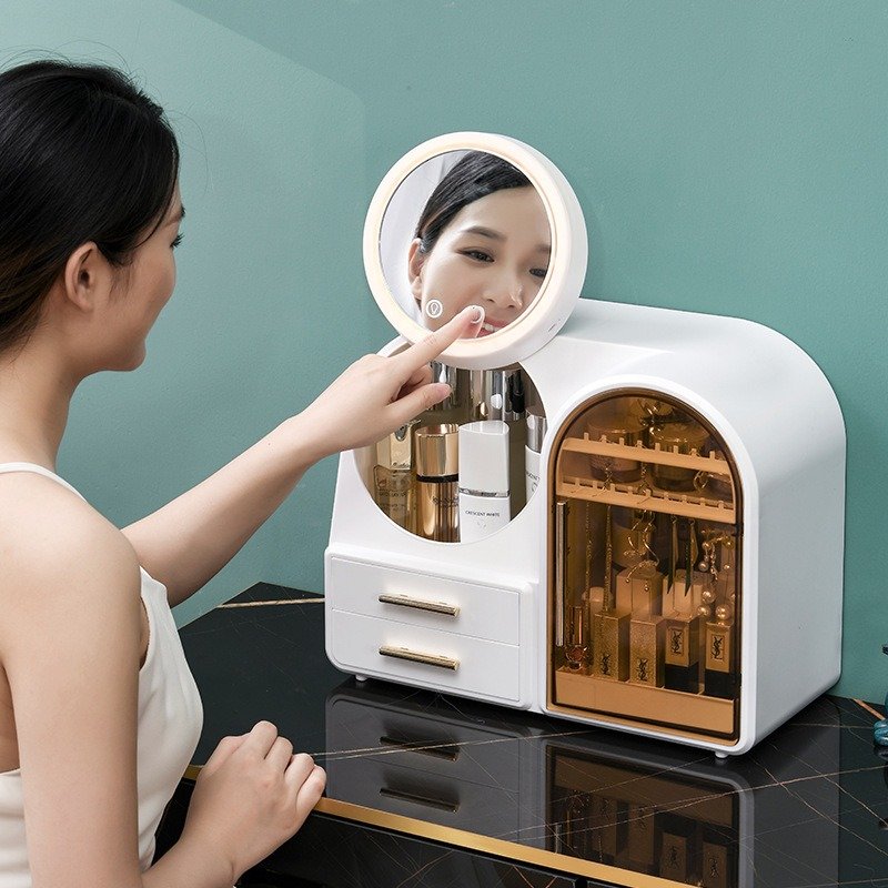 Makeup Dustproof Organizer Case Cosmetic Jewelry Storage Box With Cooler Wind With Drawer With Led Mirror For Bedroom Bathroom