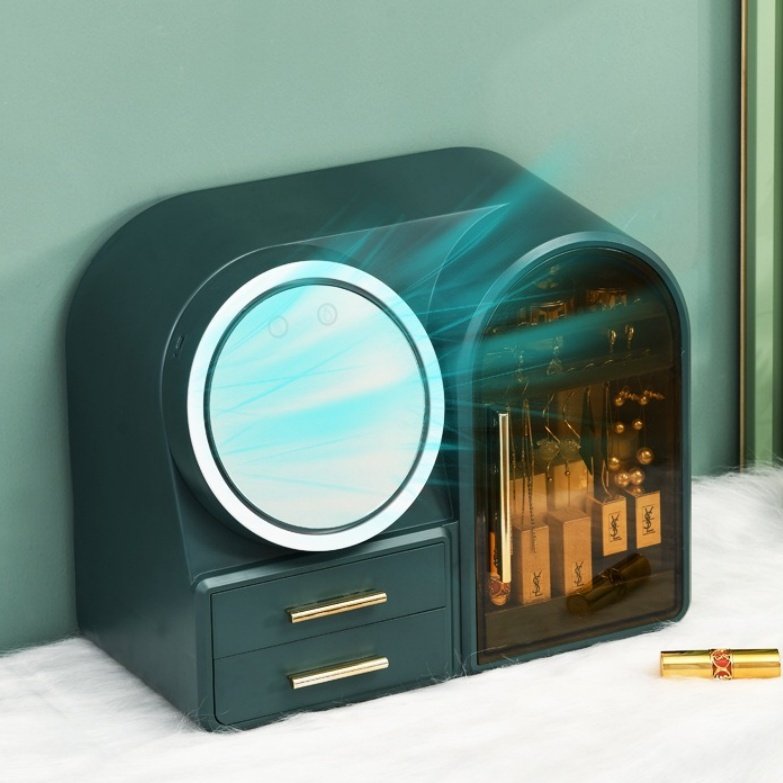 Makeup Dustproof Organizer Case Cosmetic Jewelry Storage Box With Cooler Wind With Drawer With Led Mirror For Bedroom Bathroom