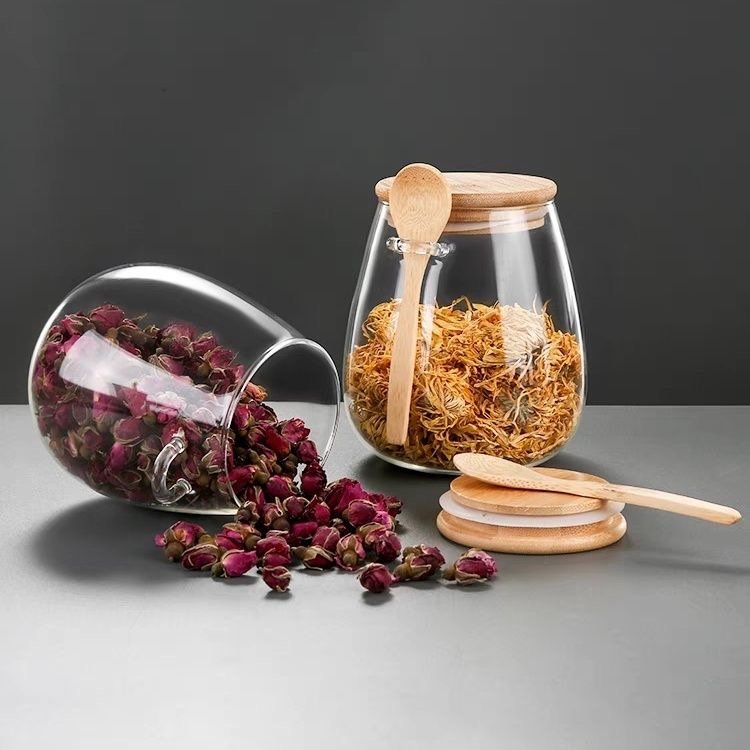 2024Wholesale Kitchen Glass Jar Glass Spice Jar Bamboo Wooden Lid Food Storage Container With Spoon