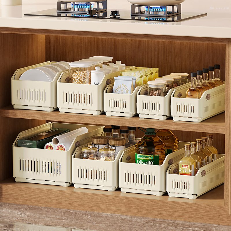 Retractable Plastic Storage Shelf Stackable Cabinet Organizer With Desktop And Drawer