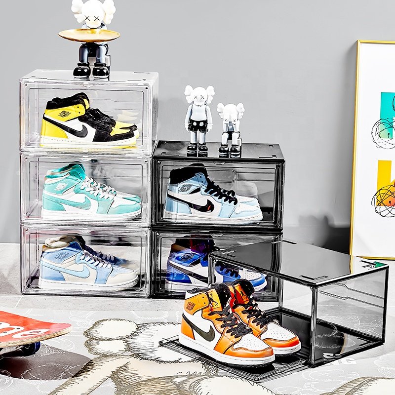 Modern Design Bedroom Plastic Drop Front Shoe Box Stackable Shoe Organizer Foldable Clear Basketball Shoe Sneaker Storage Box