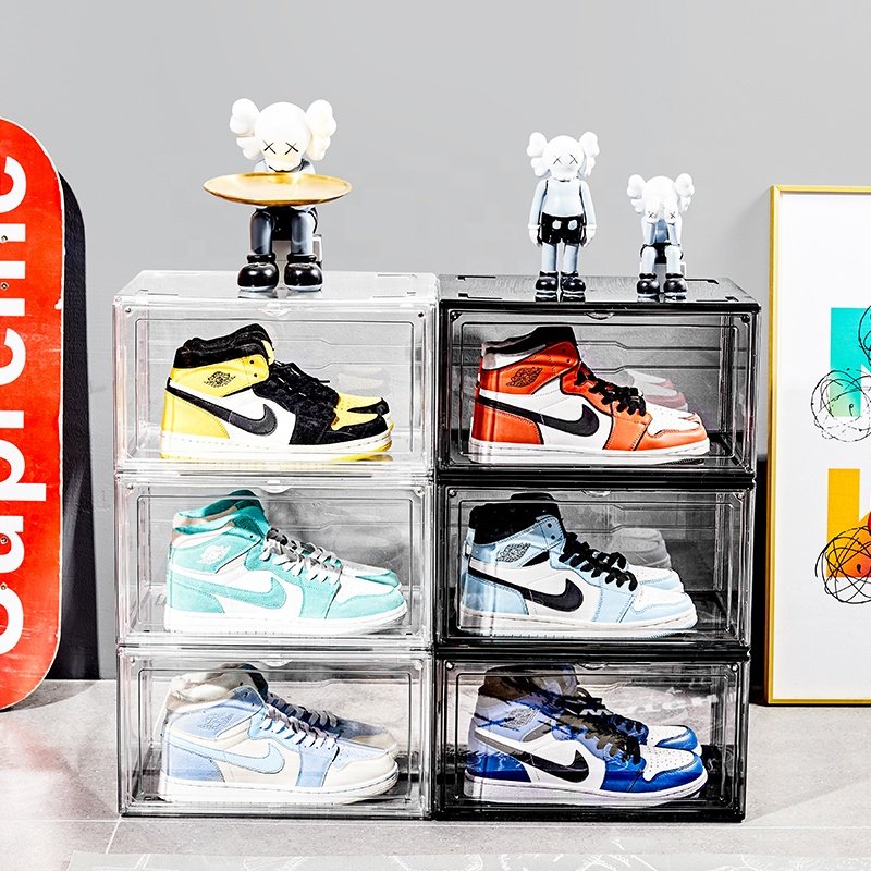Modern Design Bedroom Plastic Drop Front Shoe Box Stackable Shoe Organizer Foldable Clear Basketball Shoe Sneaker Storage Box