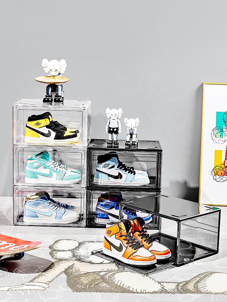 Modern Design Bedroom Plastic Drop Front Shoe Box Stackable Shoe Organizer Foldable Clear Basketball Shoe Sneaker Storage Box
