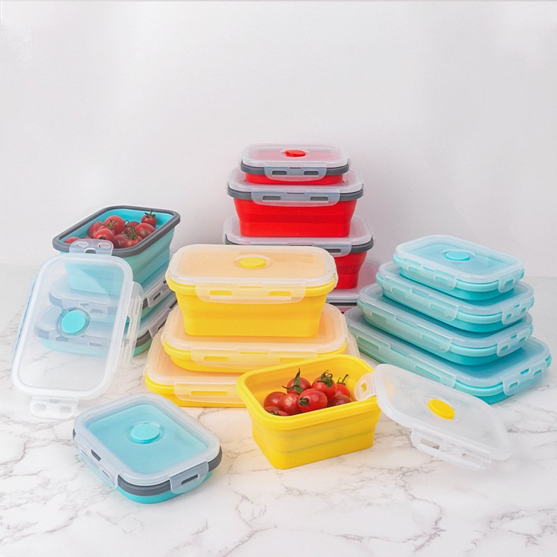 BPA Free 4 Pack Collapsible Food Storage Containers with Lids Silicone Lunch Box For Kitchen Microwave and Freezer