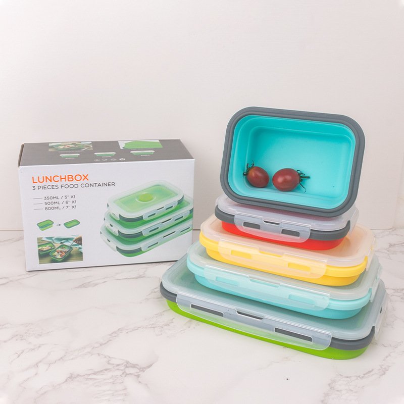 BPA Free 4 Pack Collapsible Food Storage Containers with Lids Silicone Lunch Box For Kitchen Microwave and Freezer