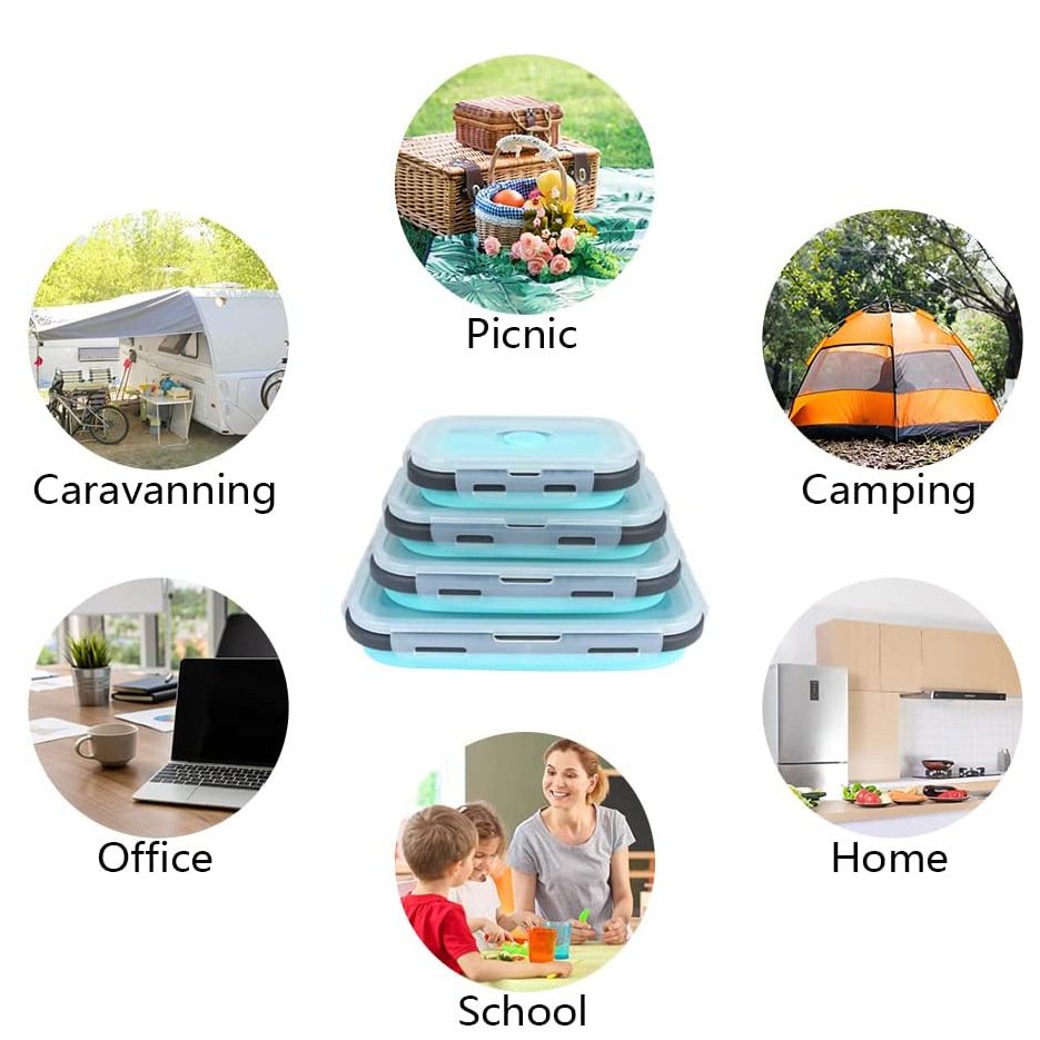 BPA Free 4 Pack Collapsible Food Storage Containers with Lids Silicone Lunch Box For Kitchen Microwave and Freezer