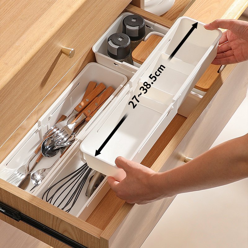 Functional Foldable Retractable Drawer Storage Box Cutlery Organizer with Divider for Household Cosmetics Stationery Medicine