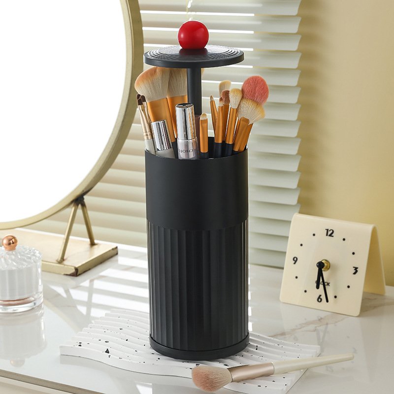 Automatic lifting makeup brush holder organizer dust proof cosmetics storage box multi desktop organizer for eyebrow pencil