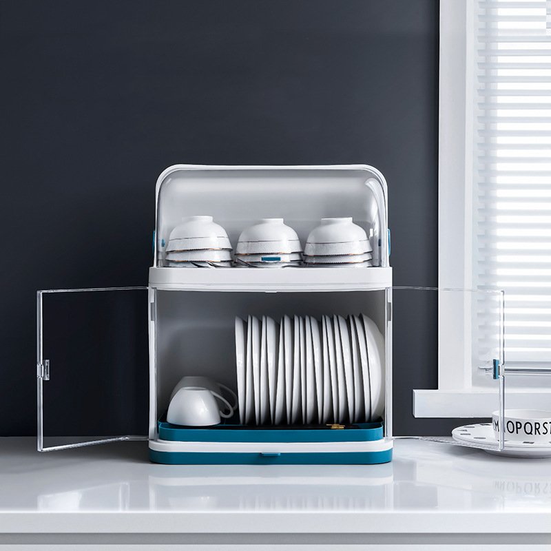 2-Layer Tableware Storage Box Dish Rack With Lid Cups Spoon Storage Draining Rack Plastic Kitchen Cupboard Organization
