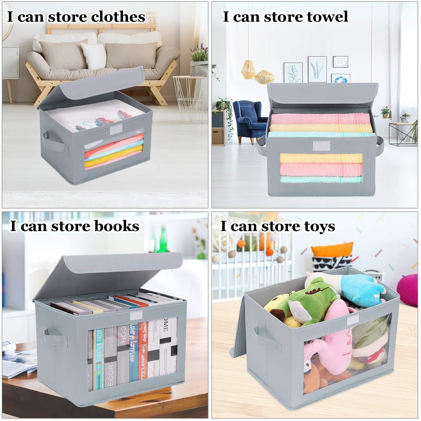 Storage Bins with Lids, 4 Pack Fabric Storage Baskets with Handle Collapsible Organizer Closet Storage Box with Clear Window