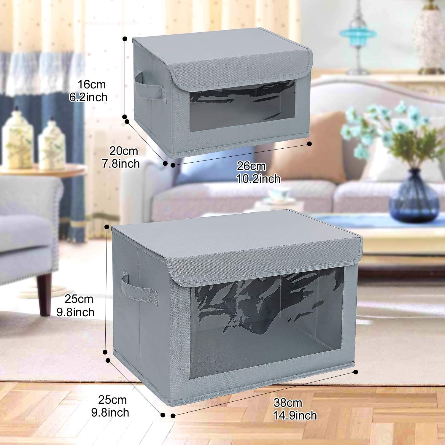 Storage Bins with Lids, 4 Pack Fabric Storage Baskets with Handle Collapsible Organizer Closet Storage Box with Clear Window