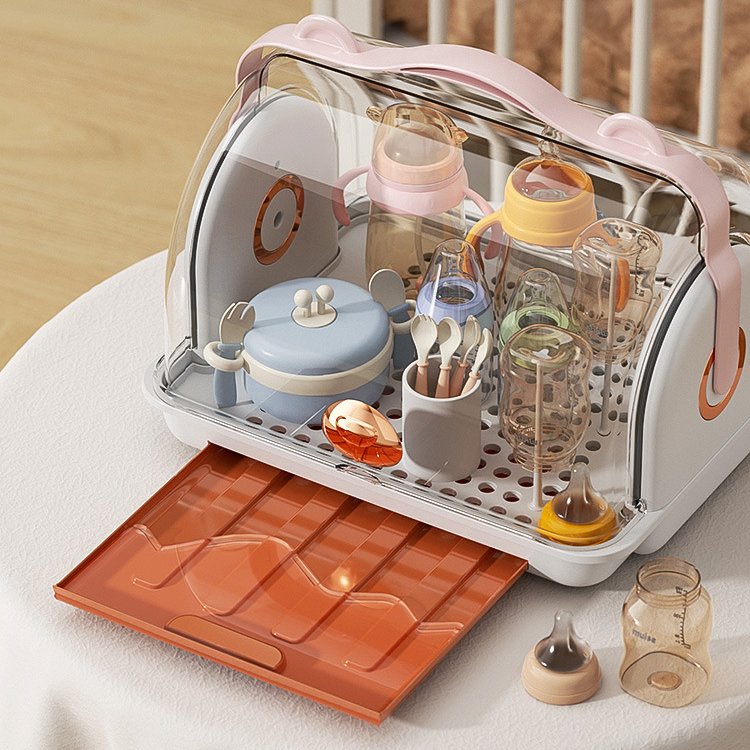 Sesame Transparent Plastic Organizer Multifunctional Baby Bottle Storage Box with Handle Single Tier Standing Type for Tableware