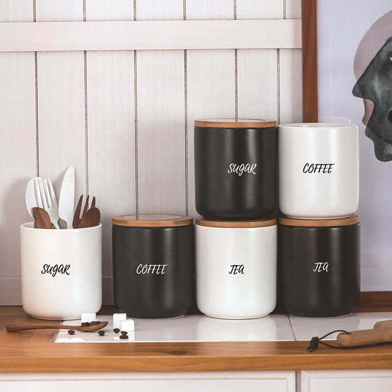 Stoneware Coffee Canister with Wood Lid & Airtight Seal Ceramic Food Storage Jar Containers for Coffee, Tea, Sugar, Salt