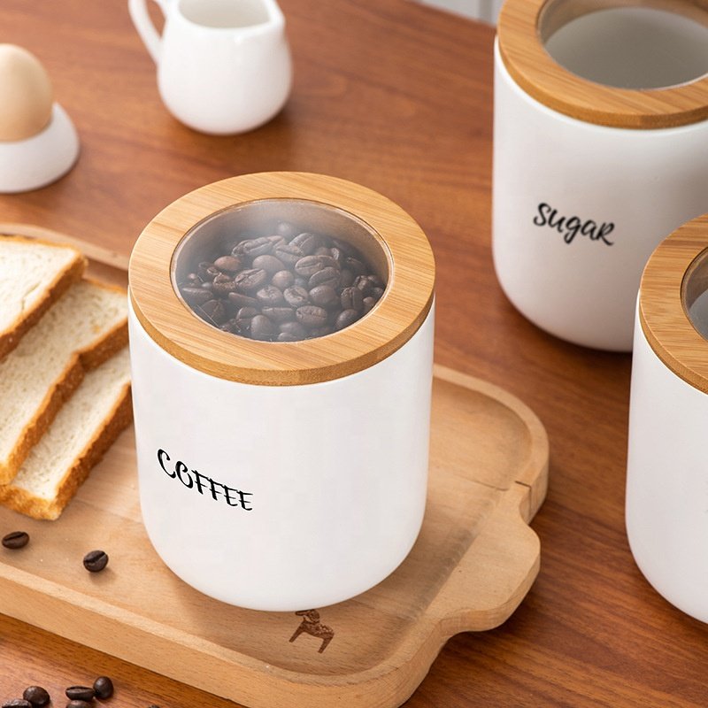 Stoneware Coffee Canister with Wood Lid & Airtight Seal Ceramic Food Storage Jar Containers for Coffee, Tea, Sugar, Salt