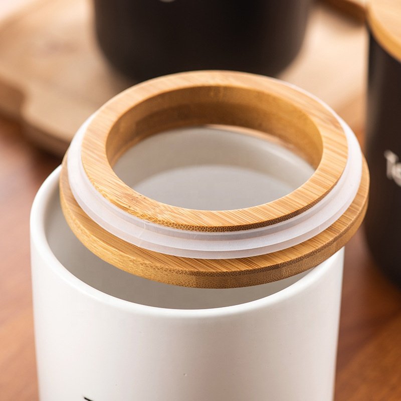 Stoneware Coffee Canister with Wood Lid & Airtight Seal Ceramic Food Storage Jar Containers for Coffee, Tea, Sugar, Salt