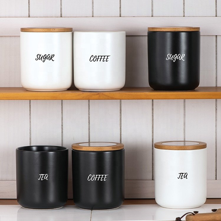 Stoneware Coffee Canister with Wood Lid & Airtight Seal Ceramic Food Storage Jar Containers for Coffee, Tea, Sugar, Salt