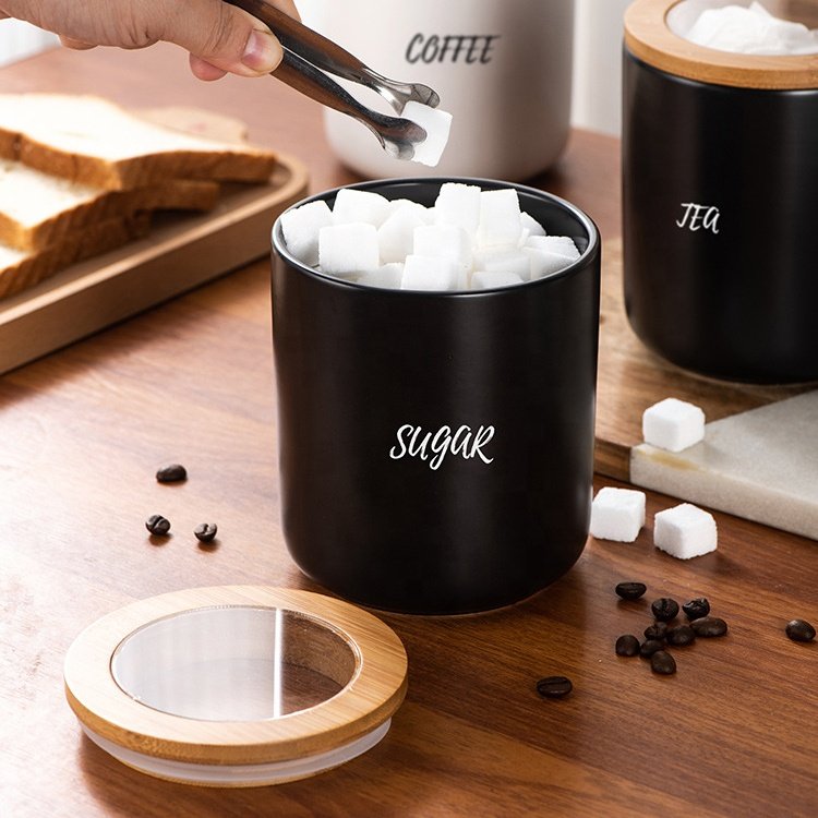 Stoneware Coffee Canister with Wood Lid & Airtight Seal Ceramic Food Storage Jar Containers for Coffee, Tea, Sugar, Salt