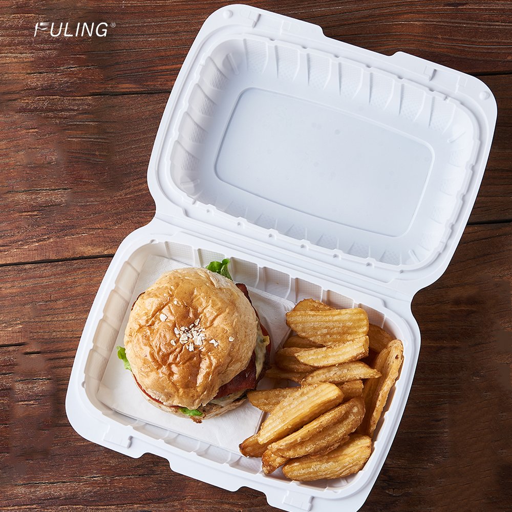 FULING 9x6x3 Inch Food Box White Hinged Container Disposable Clamshell Take Out Container MFPP To Go Box