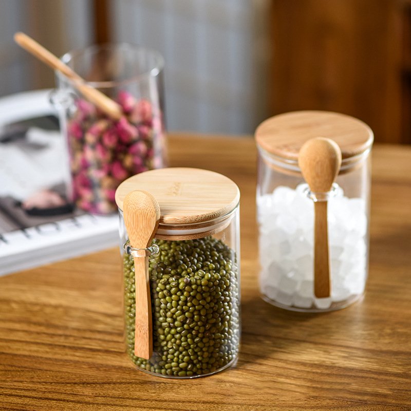 Glass spice bamboo lid storage jar sealed household tea jar with spoon kitchen food storage container