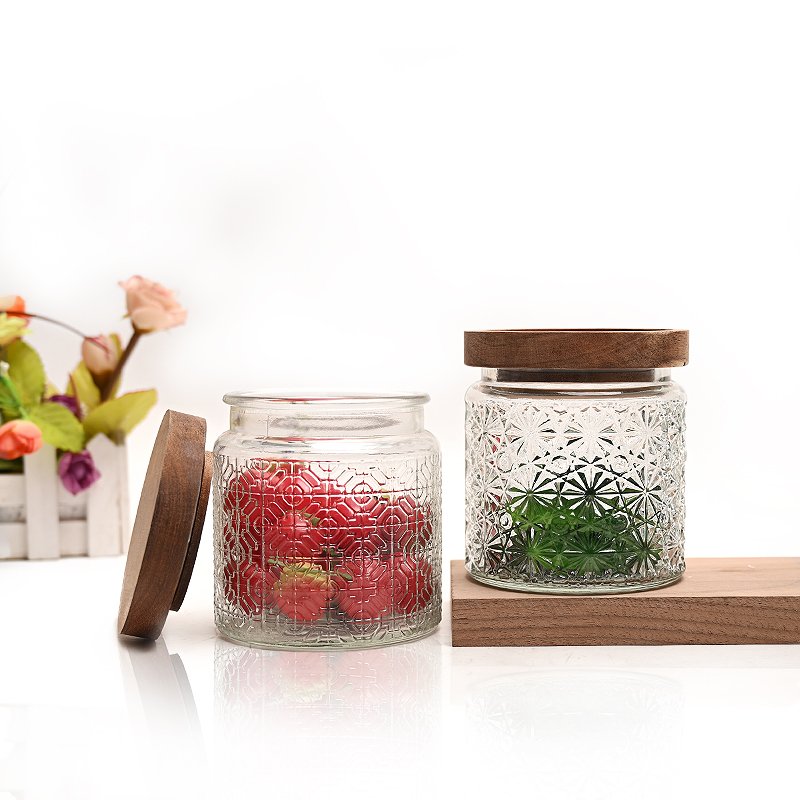 New Arrival Wide Mouth Empty Cylinder Pickles Glass Food Storage Honey Jar with Wooden Lids