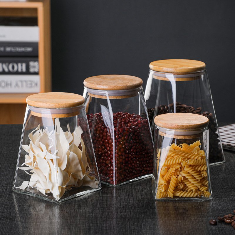Transparent Square Borosilicate Glass Storage Food Jar With Bamboo Wooden Lid