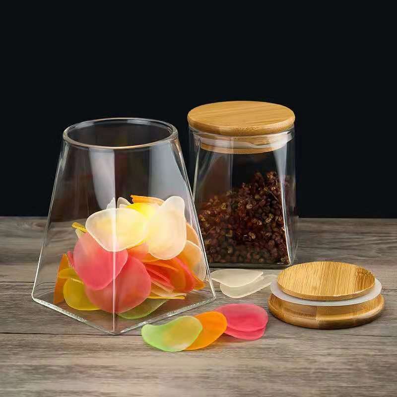 Transparent Square Borosilicate Glass Storage Food Jar With Bamboo Wooden Lid