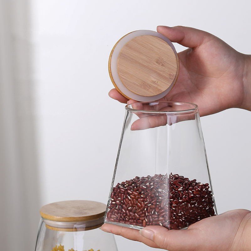 Transparent Square Borosilicate Glass Storage Food Jar With Bamboo Wooden Lid