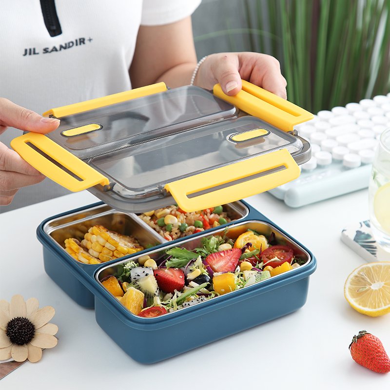 ES117 ESCART top seller food grade 304 stainless steel bento box with 3 compartments metal silicone seal ring square lunch box