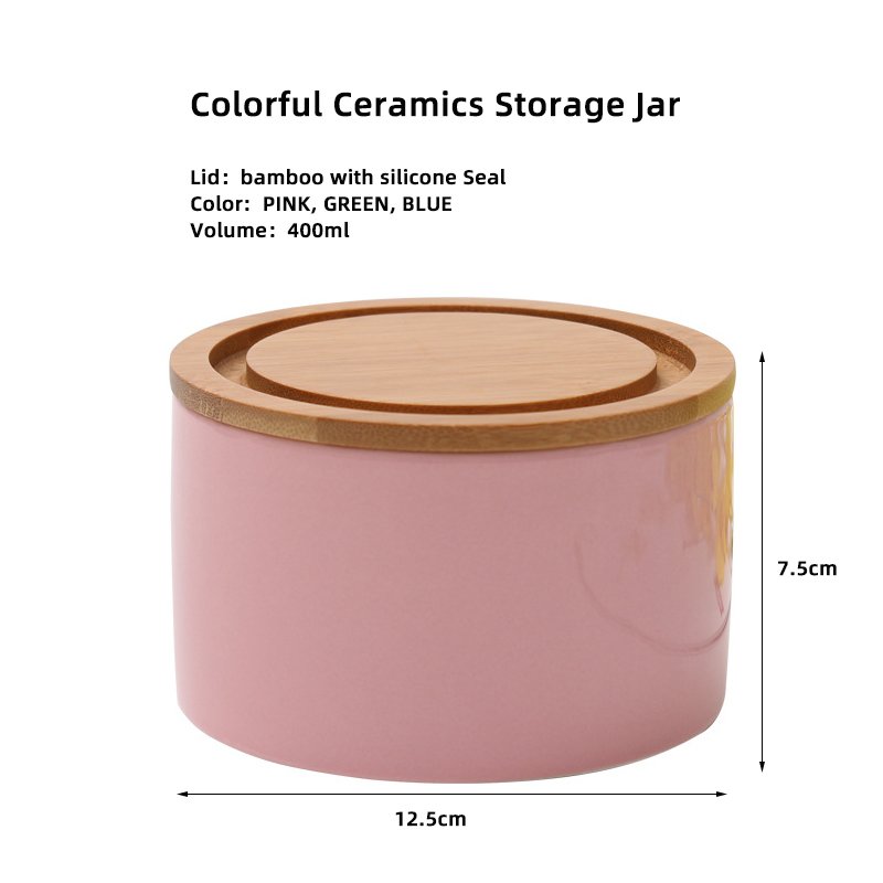 Custom color Pink Green Blue 400ml cylindrical ceramic candy tea food storage jars with bamboo lid and silicone seal