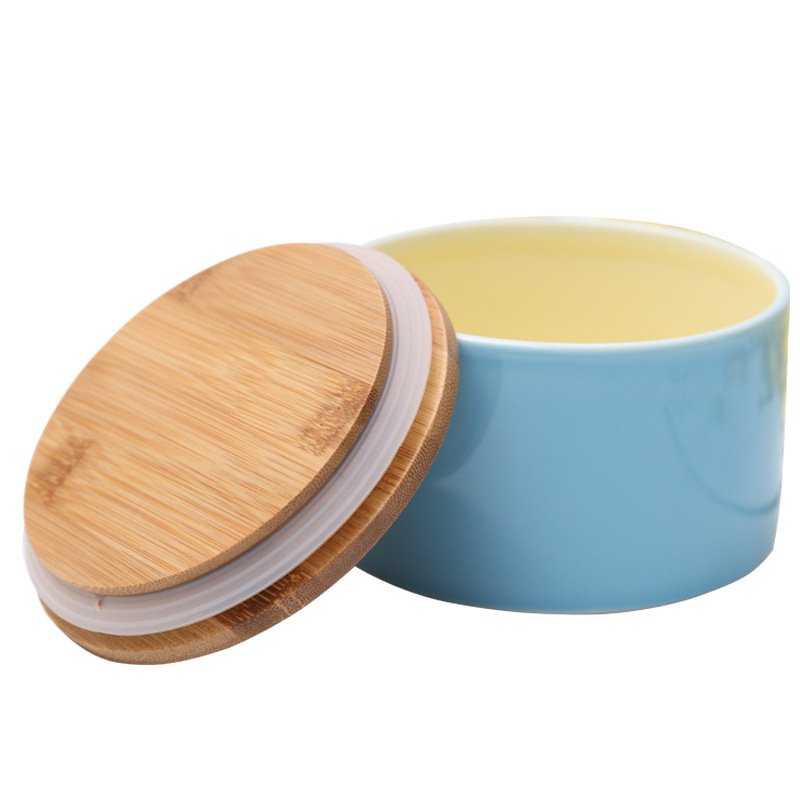 Custom color Pink Green Blue 400ml cylindrical ceramic candy tea food storage jars with bamboo lid and silicone seal