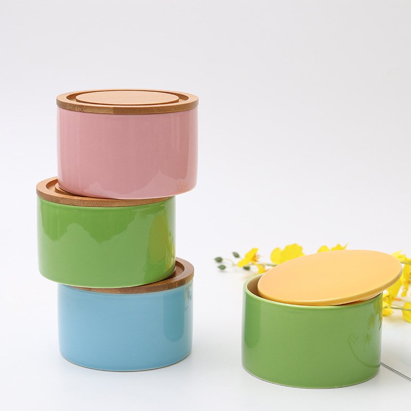 Custom color Pink Green Blue 400ml cylindrical ceramic candy tea food storage jars with bamboo lid and silicone seal