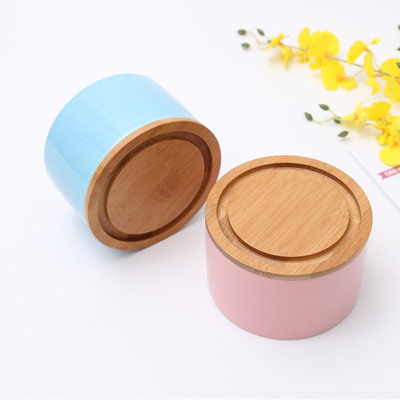 Custom color Pink Green Blue 400ml cylindrical ceramic candy tea food storage jars with bamboo lid and silicone seal