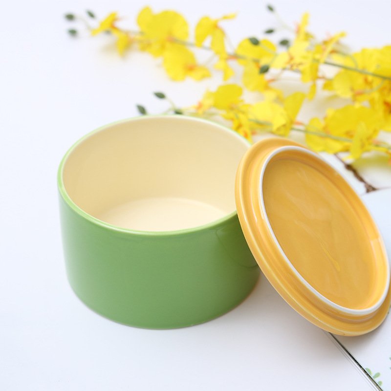 Custom color Pink Green Blue 400ml cylindrical ceramic candy tea food storage jars with bamboo lid and silicone seal