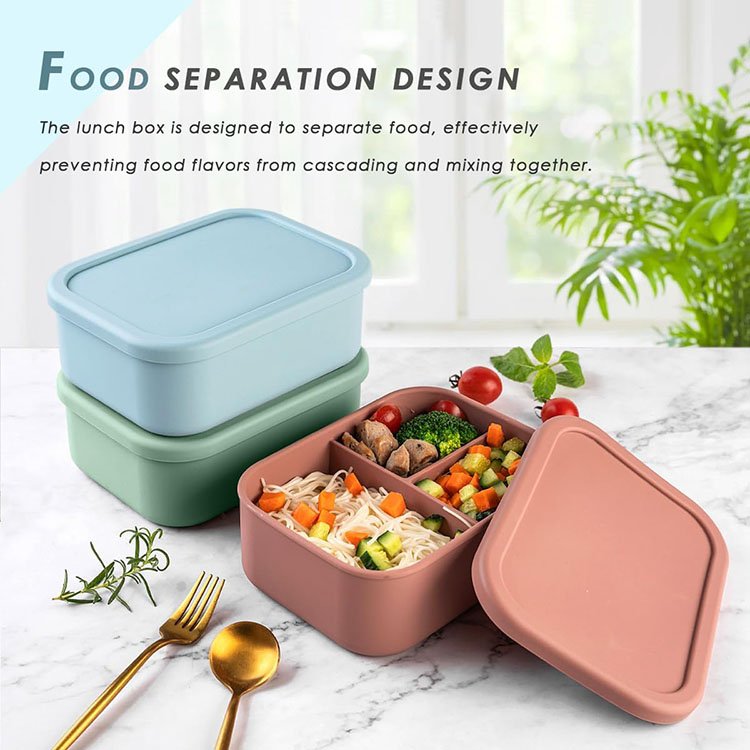 BPA-Free 3 Compartment Silicone Bento Lunch Box Heatable Food Storage Container for Kids Babies High Quality School Lunch Box