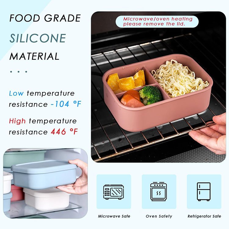 BPA-Free 3 Compartment Silicone Bento Lunch Box Heatable Food Storage Container for Kids Babies High Quality School Lunch Box