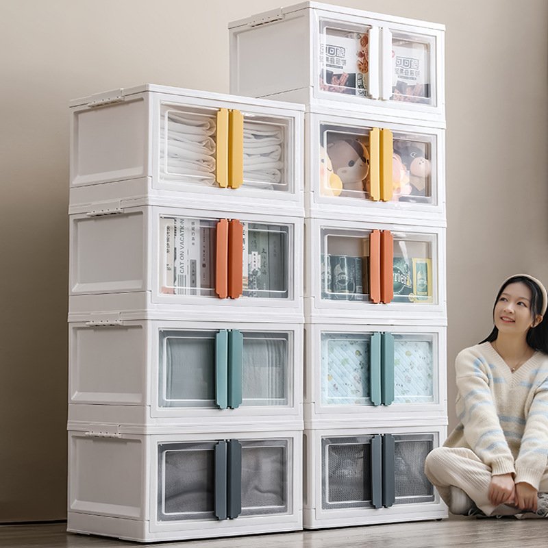 Double Door Foldable Storage Box with Wheels Stackable PP Clothes Organizer Collapsible Storage Bin for Toys Snacks