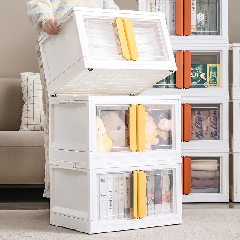 Double Door Foldable Storage Box with Wheels Stackable PP Clothes Organizer Collapsible Storage Bin for Toys Snacks