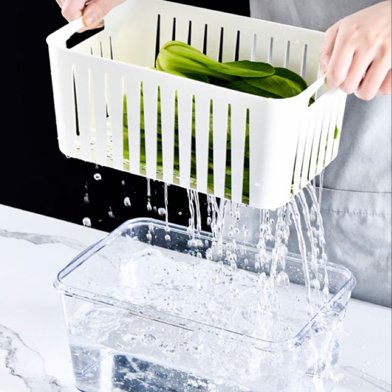 Hot selling PET refrigerator food storage box vegetable storage container fruit storage basket with drain basket for kitchen